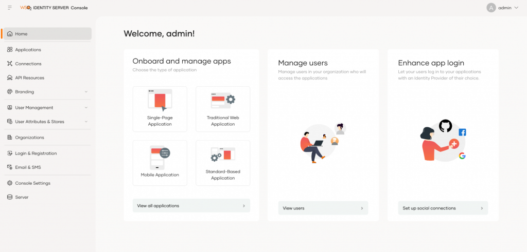WSO2 Identity Server dashboard